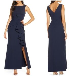 NWT Eliza J Ruffle Front Gown Maxi Dress Navy Blue Sleeveless Slit Sz 6